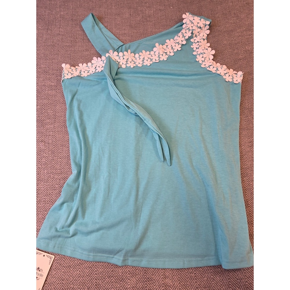 La Mode Tank Top Women's Turquoise Blue Floral Lace Trim One Shoulder Pullover